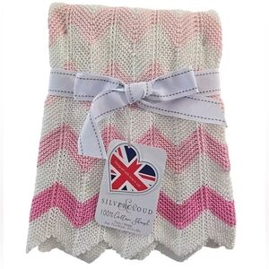 Silver Cloud Cotton Knit Baby Girl Blanket Vibrant Pink Zig Zag Nursery Gift New